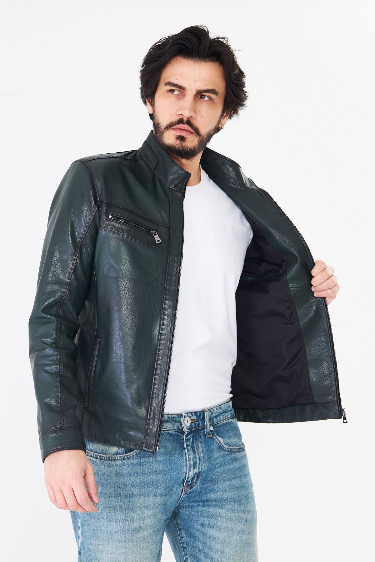 DERİNSS DER284 Hakiki Deri Erkek Yeşil Jumbo Mont