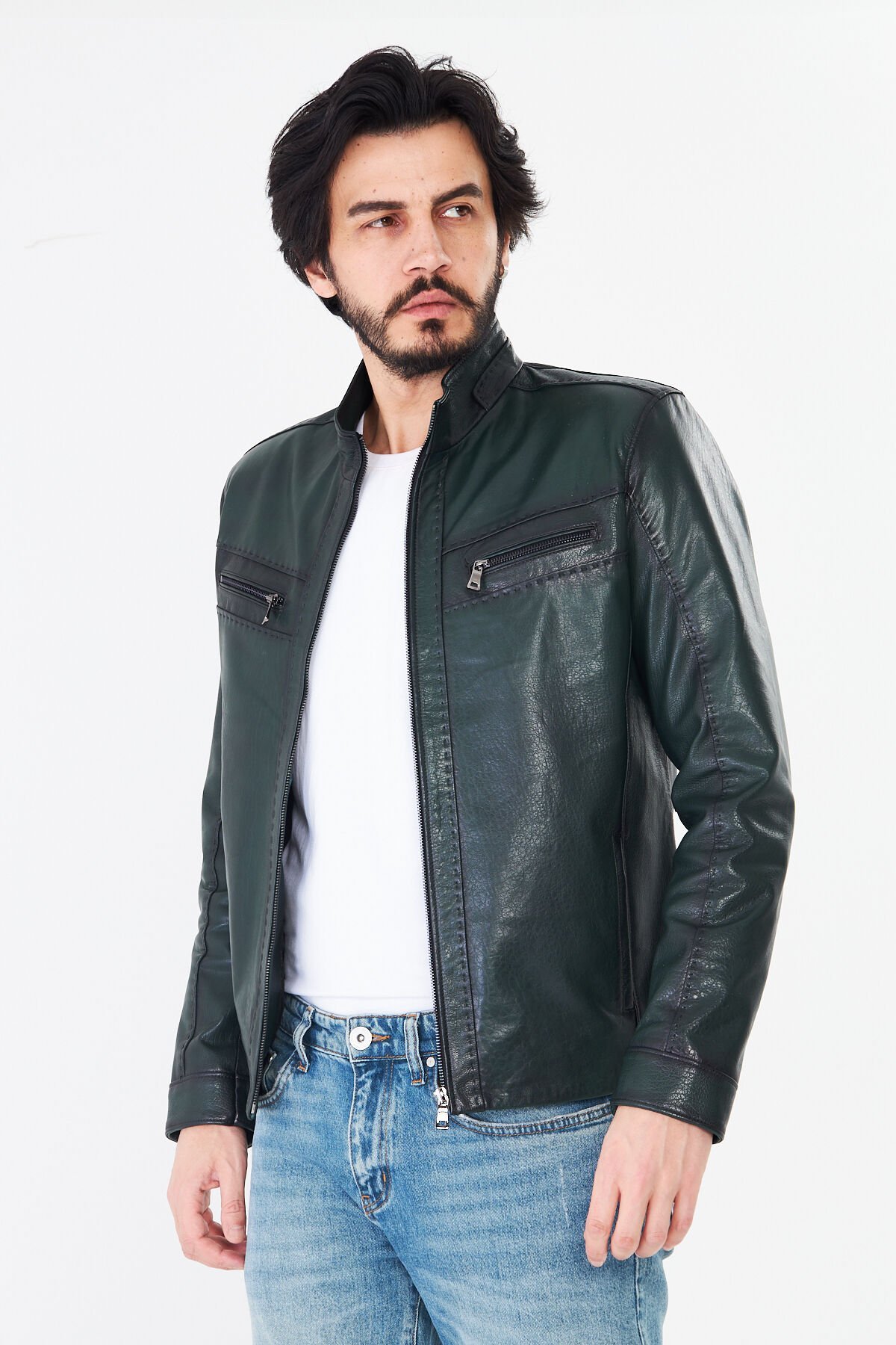 DERİNSS DER284 Hakiki Deri Erkek Yeşil Jumbo Mont