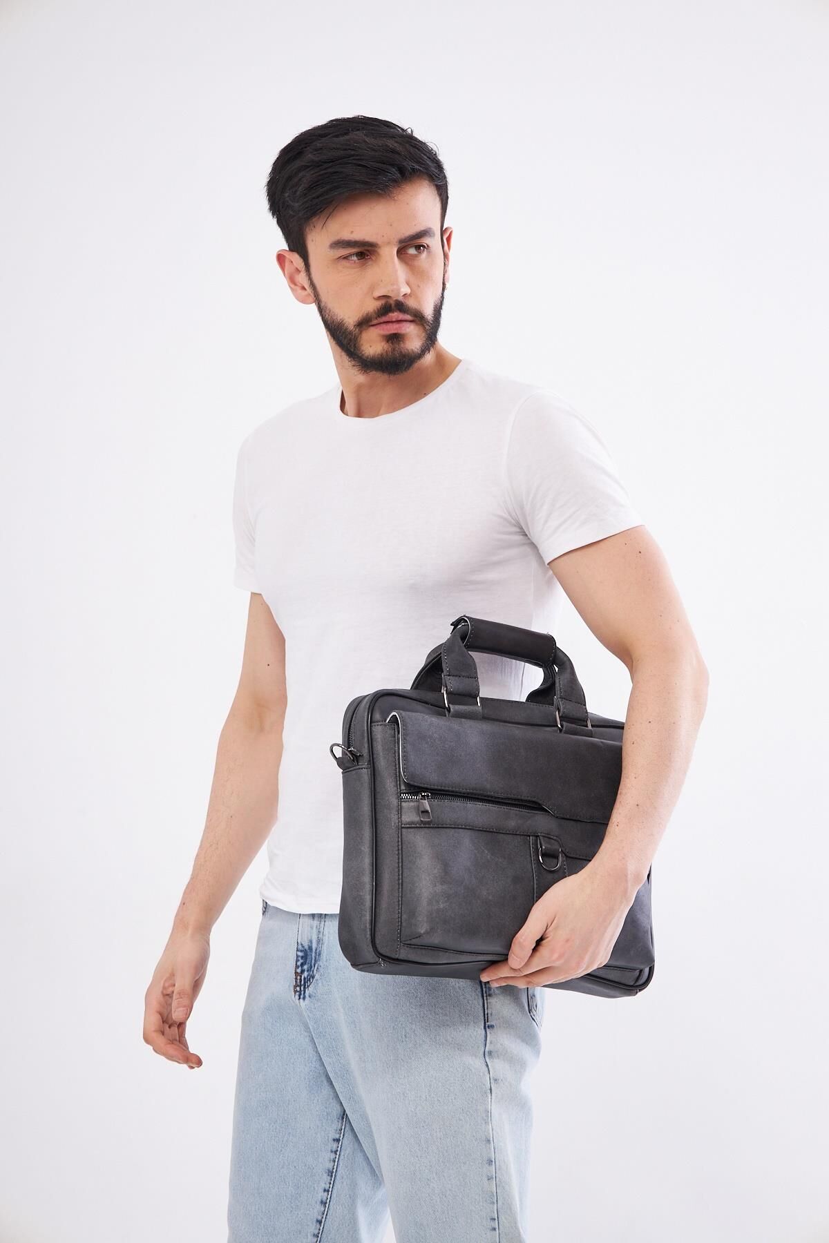 DERİNSS DUB3088 Hakiki Deri Gri Gölge Laptop ve Evrak Çantası