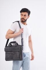 DERİNSS DUB3088 Hakiki Deri Gri Gölge Laptop ve Evrak Çantası