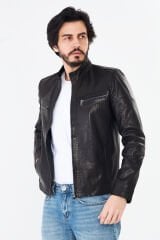 DERİNSS DER284 Hakiki Deri Erkek Siyah Jumbo Mont