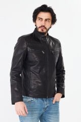 DERİNSS DER284 Hakiki Deri Erkek Siyah Jumbo Mont