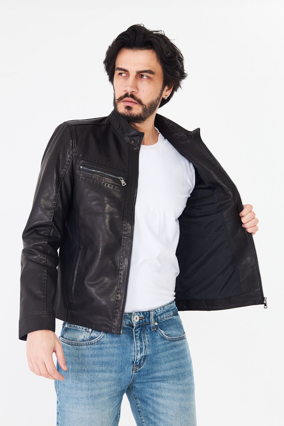 DERİNSS DER284 Hakiki Deri Erkek Siyah Jumbo Mont