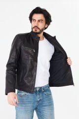 DERİNSS DER284 Hakiki Deri Erkek Siyah Jumbo Mont