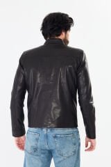 DERİNSS DER284 Hakiki Deri Erkek Siyah Jumbo Mont