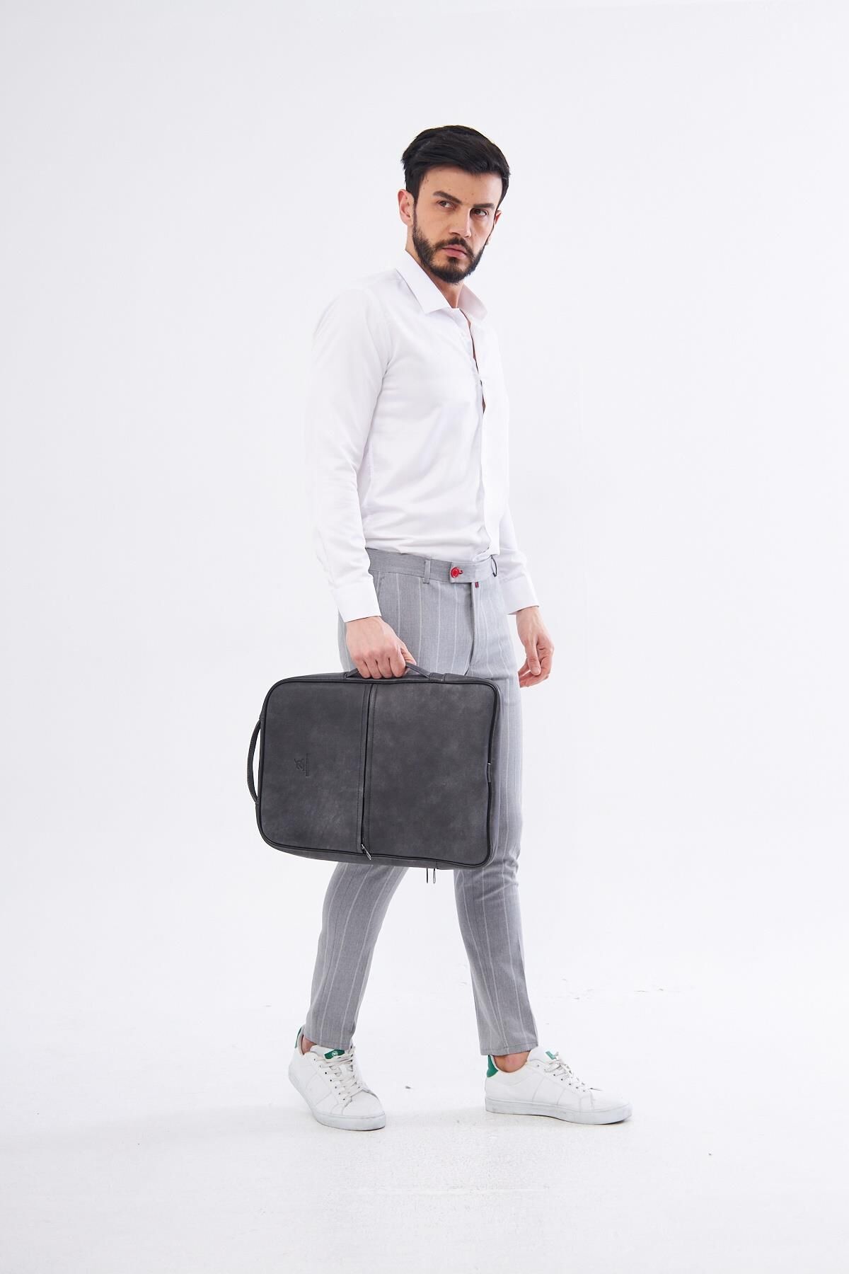 DERİNSS DUB3050 Hakiki Deri Gri Gölge Organizerli Laptop Sırt Çantası