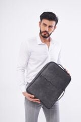 DERİNSS DUB3050 Hakiki Deri Gri Gölge Organizerli Laptop Sırt Çantası