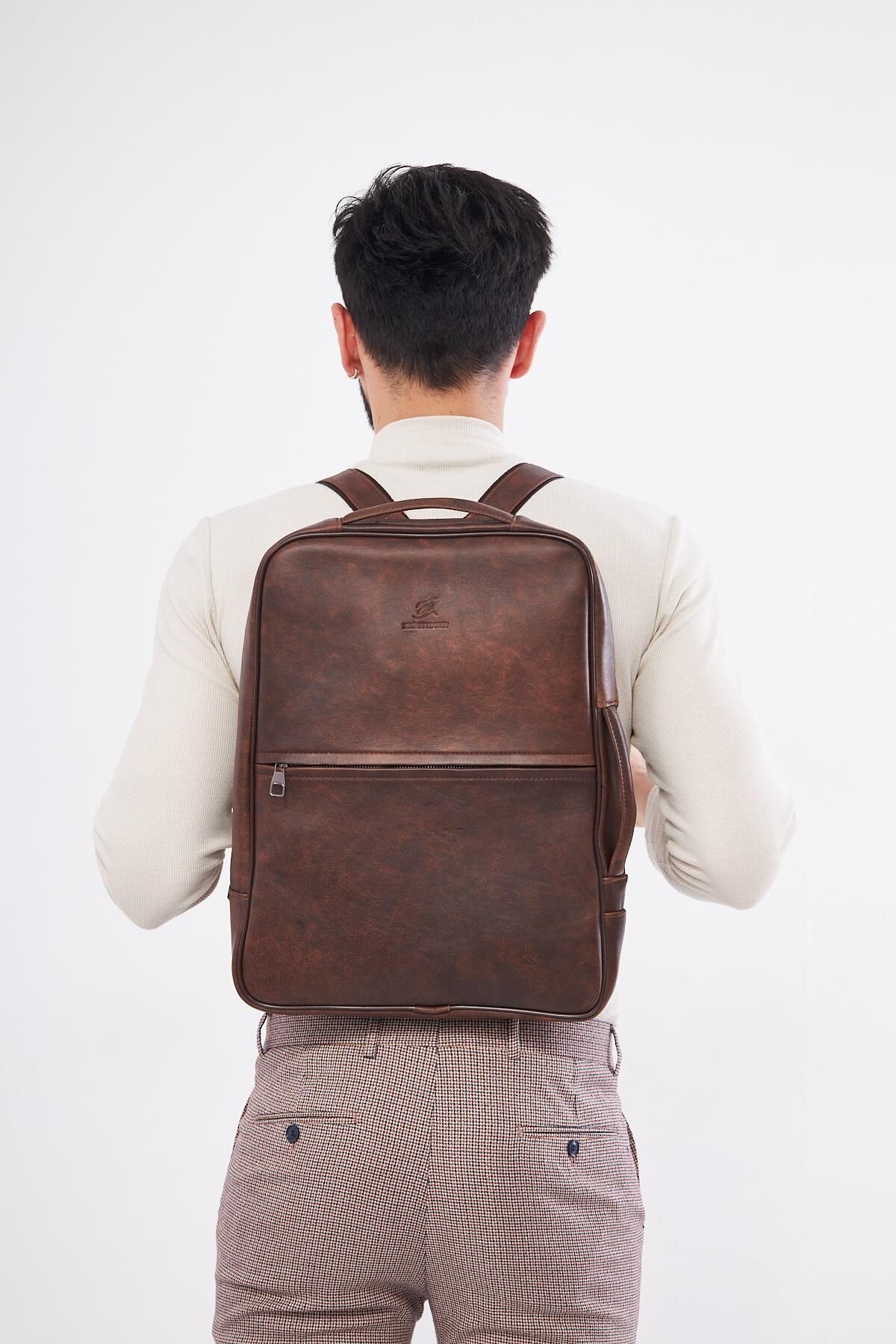 DERİNSS DUB3050 Hakiki Deri Kahverengi Organizerli Laptop Sırt Çantası