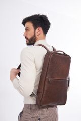 DERİNSS DUB3050 Hakiki Deri Kahverengi Organizerli Laptop Sırt Çantası