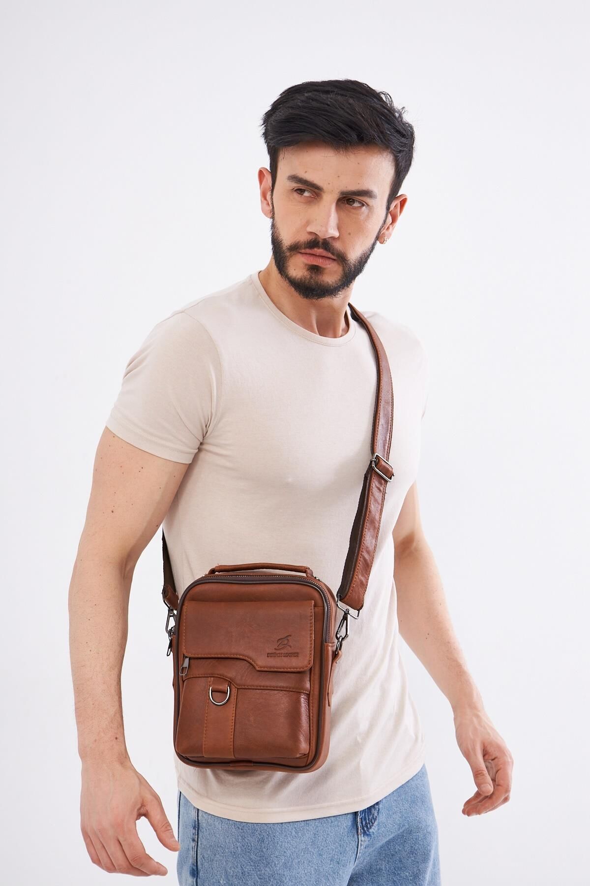 DERİNSS DEB5121 Hakiki Derİ Taba Erkek El ve Omuz Çantası