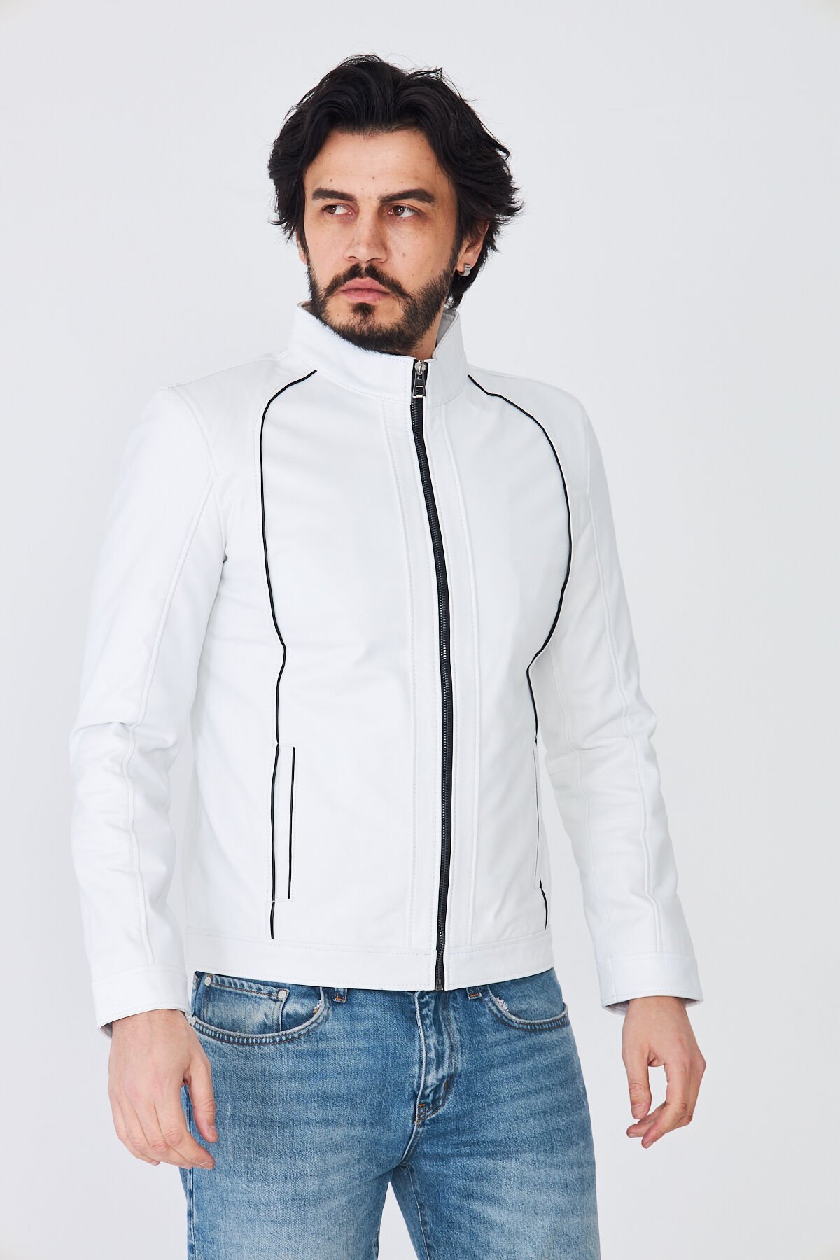 DERİNSS DER198 Hakiki Deri Erkek Beyaz Mont