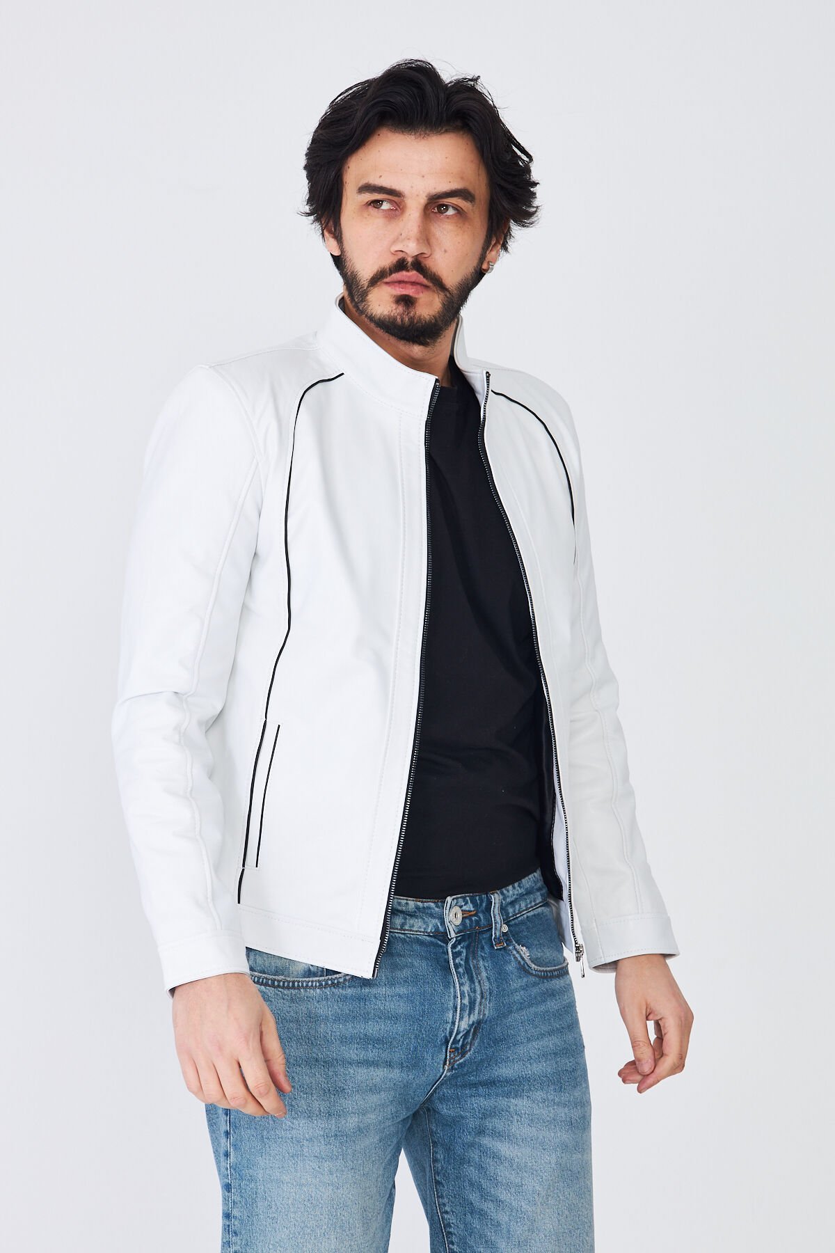 DERİNSS DER198 Hakiki Deri Erkek Beyaz Mont