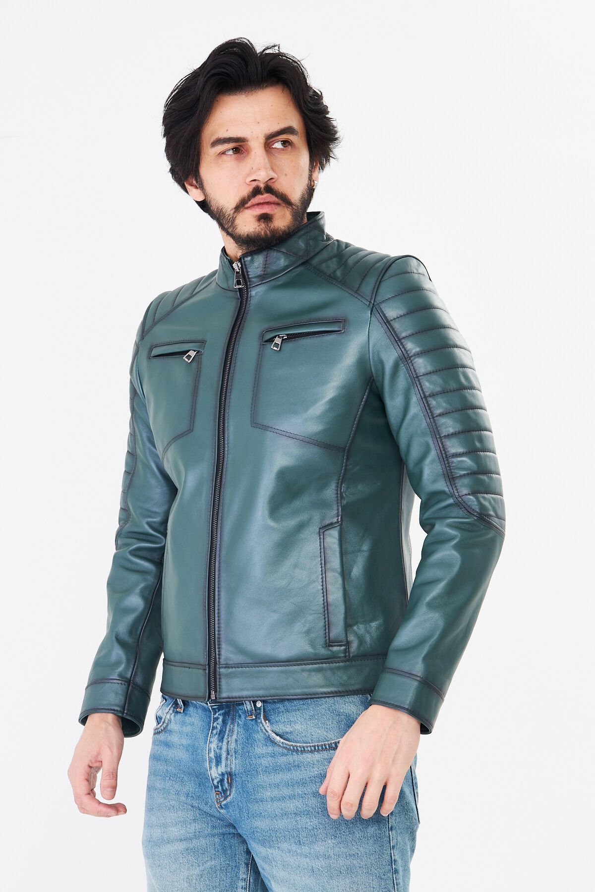 DERİNSS DER105 Hakiki Deri Erkek Yeşil Mont