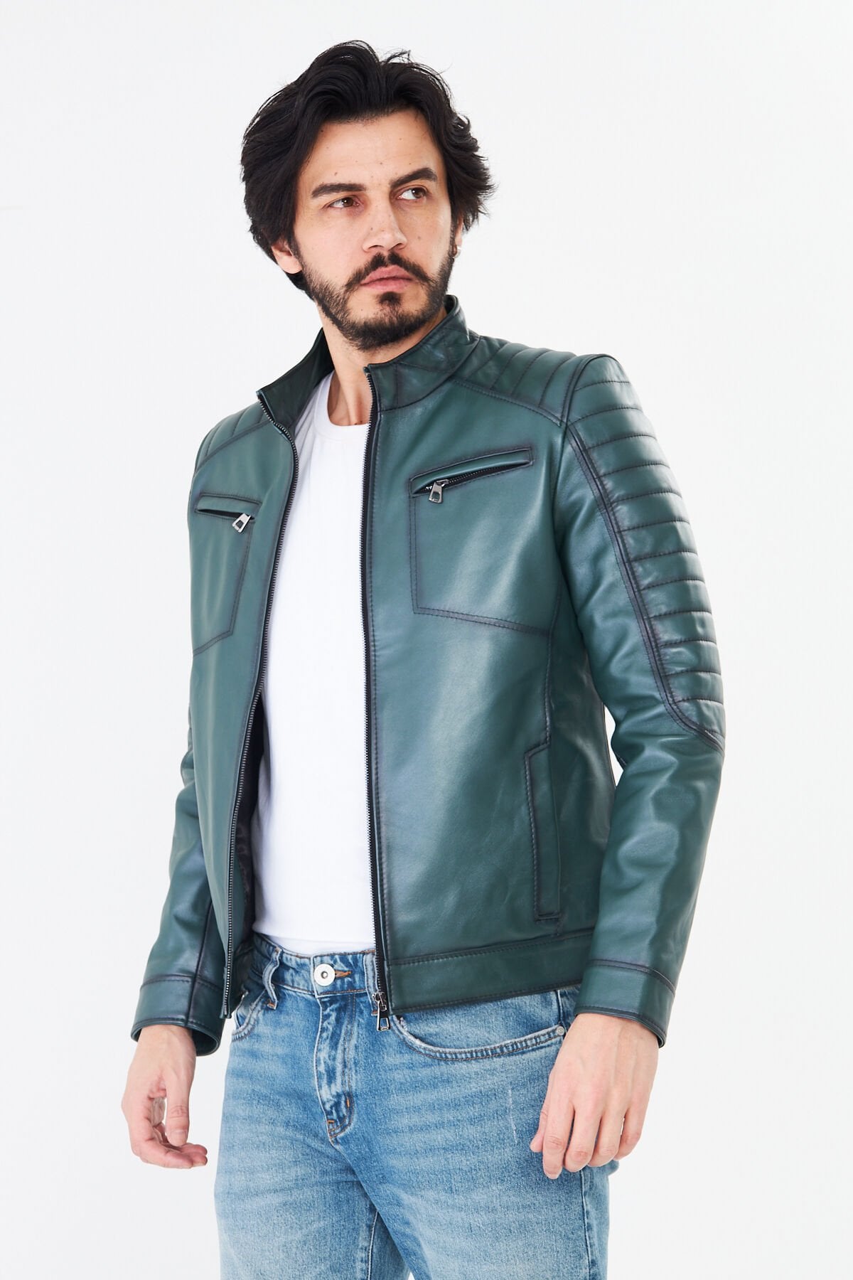 DERİNSS DER105 Hakiki Deri Erkek Yeşil Mont