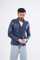 DERİNSS DER265 Hakiki Deri Erkek Mavi Mont