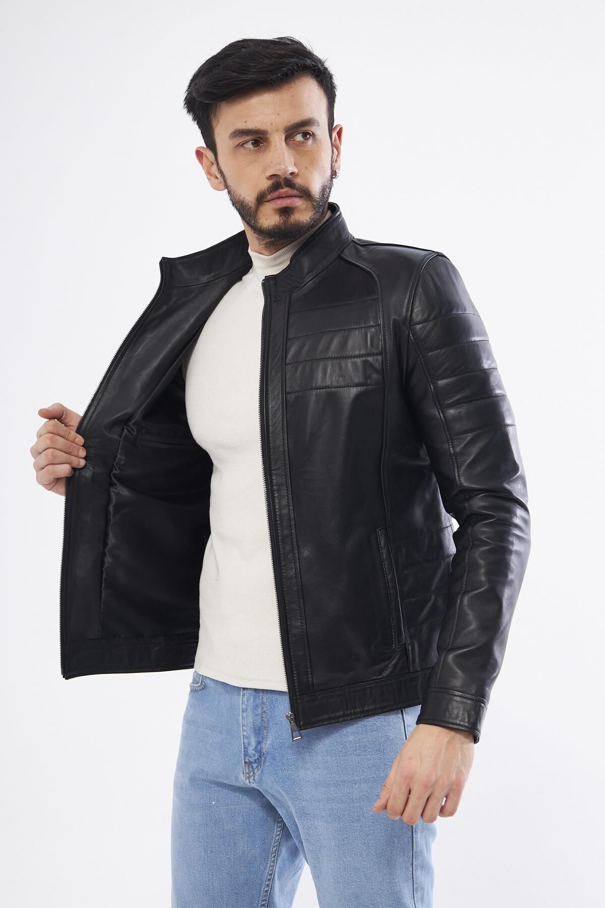 DERİNSS DER224 Hakiki Deri Erkek Siyah Mont