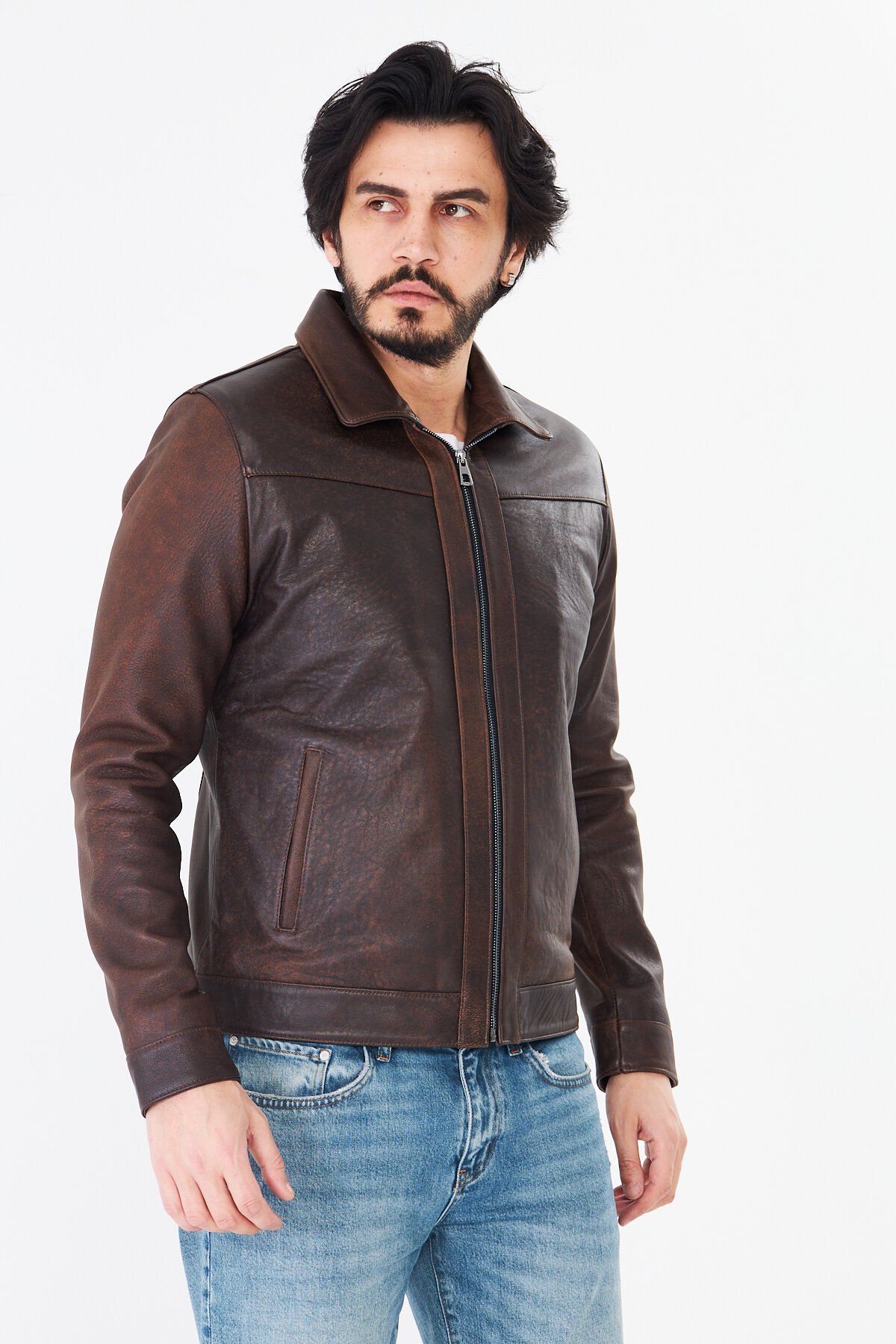 DERİNSS DER277 Hakiki Deri Erkek Kahve Dökme Mont