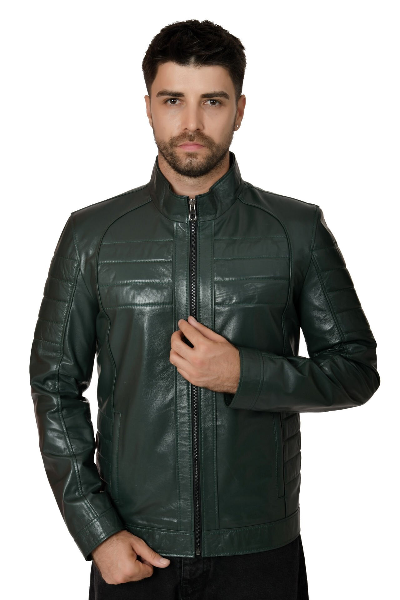 DERİNSS DER224 Hakiki Deri Erkek Yeşil Mont