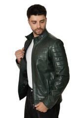 DERİNSS DER224 Hakiki Deri Erkek Yeşil Mont