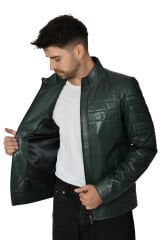 DERİNSS DER224 Hakiki Deri Erkek Yeşil Mont